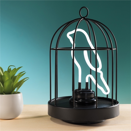 Lampe néon oiseau dans sa cage
