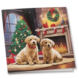 Kit carte broderie diamant Chiots devant le sapin
