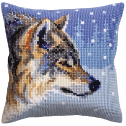 Kit coussin canevas Loup sous la neige