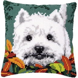 Kit coussin canevas Westie dans les feuilles