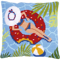 Kit coussin canevas Détente à la piscine