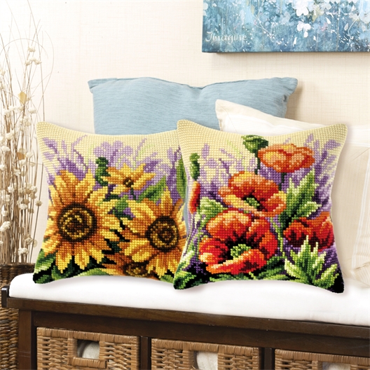 Kit coussin canevas tournesols ou coquelicots
