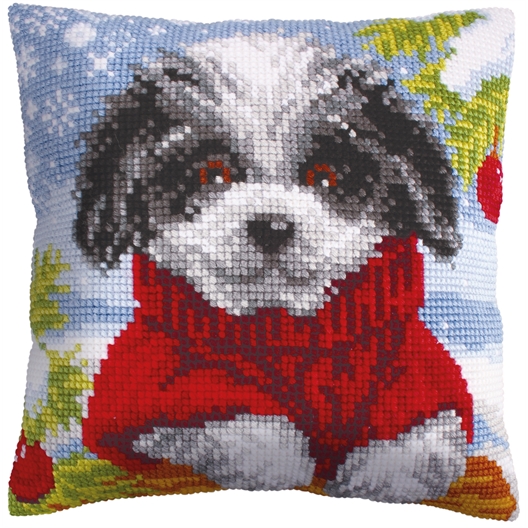 Kit coussin canevas Chiot en hiver