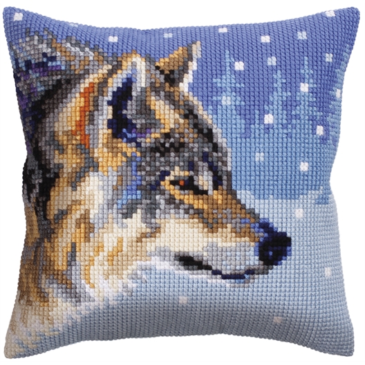 Kit coussin canevas Loup sous la neige